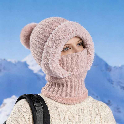Integrated Knit Hat, Women's Windproof Warm Pom-Pom Hat with Face Cover & Neck Warmer for Winter Cycling - Pink In Australia - Darrahopens