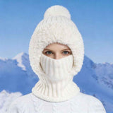 Integrated Knit Hat, Women's Windproof Warm Pom-Pom Hat with Face Cover & Neck Warmer for Winter Cycling - White In Australia - Darrahopens