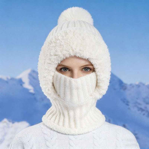 Integrated Knit Hat, Women's Windproof Warm Pom-Pom Hat with Face Cover & Neck Warmer for Winter Cycling - White In Australia - Darrahopens
