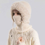 Fleece Ear Protection Integrated Knit Hat, Women's Windproof Balaclava Hat with Face Mask & Neck Warmer - Beige In Australia - Darrahopens