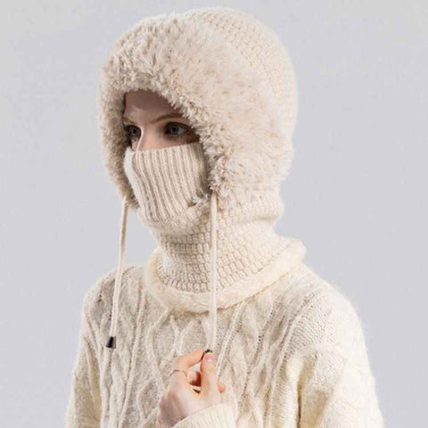 Fleece Ear Protection Integrated Knit Hat, Women's Windproof Balaclava Hat with Face Mask & Neck Warmer - Beige In Australia - Darrahopens