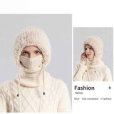 Fleece Ear Protection Integrated Knit Hat, Women's Windproof Balaclava Hat with Face Mask & Neck Warmer - Beige In Australia - Darrahopens