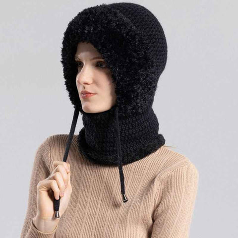 Fleece Ear Protection Integrated Knit Hat, Women's Windproof Balaclava Hat with Face Mask & Neck Warmer - Black In Australia - Darrahopens