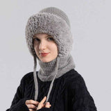 Fleece Ear Protection Integrated Knit Hat, Women's Windproof Balaclava Hat with Face Mask & Neck Warmer—Gray In Australia - Darrahopens