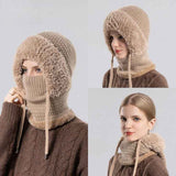 Fleece Ear Protection Integrated Knit Hat, Women's Windproof Balaclava Hat with Face Mask & Neck Warmer - Khaki In Australia - Darrahopens