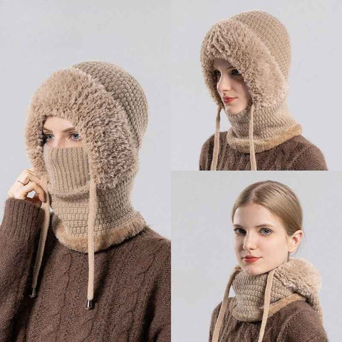 Fleece Ear Protection Integrated Knit Hat, Women's Windproof Balaclava Hat with Face Mask & Neck Warmer - Khaki In Australia - Darrahopens