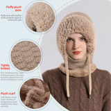 Fleece Ear Protection Integrated Knit Hat, Women's Windproof Balaclava Hat with Face Mask & Neck Warmer - Khaki
