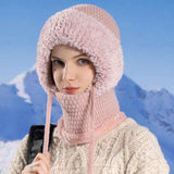 Fleece Ear Protection Integrated Knit Hat, Women's Windproof Balaclava Hat with Face Mask & Neck Warmer—Pink In Australia - Darrahopens