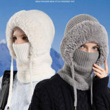 Fleece Ear Protection Integrated Knit Hat, Women's Windproof Balaclava Hat with Face Mask & Neck Warmer—Pink