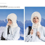 Fleece Ear Protection Integrated Knit Hat, Women's Windproof Balaclava Hat with Face Mask & Neck Warmer—White