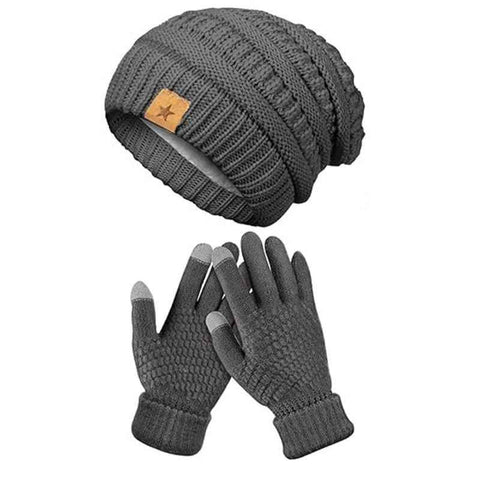 Vintage Cable-Knit Fleece-Lined Beanie & Touchscreen Gloves Set, Women’s Warm Winter Knit Hat 2-Piece Set—Gray In Australia - Darrahopens