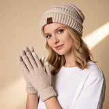 Vintage Cable-Knit Fleece-Lined Beanie & Touchscreen Gloves Set, Women’s Warm Winter Knit Hat 2-Piece Set—Gray In Australia - Darrahopens