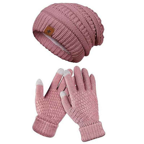 Vintage Cable-Knit Fleece-Lined Beanie & Touchscreen Gloves Set, Women’s Warm Winter Knit Hat 2-Piece Set—Pink