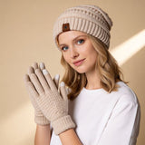 Vintage Cable-Knit Fleece-Lined Beanie & Touchscreen Gloves Set, Women’s Warm Winter Knit Hat 2-Piece Set—Pink