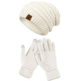 Vintage Cable-Knit Fleece-Lined Beanie & Touchscreen Gloves Set, Women's Warm Winter Knit Hat 2-Piece Set—White In Australia - Darrahopens