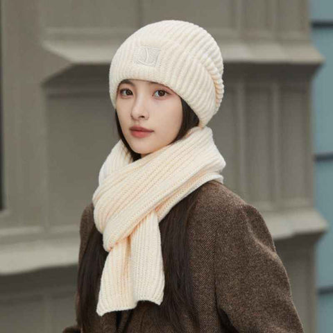 Women's Winter Knit Beanie & Scarf Set, Thick Vertical Stripe Warm Slouchy Hat with Ear Protection and Scarf—Beige In Australia - Darrahopens