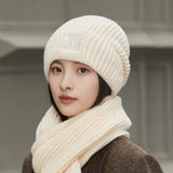 Women's Winter Knit Beanie & Scarf Set, Thick Vertical Stripe Warm Slouchy Hat with Ear Protection and Scarf—Beige In Australia - Darrahopens