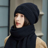 Women's Winter Knit Beanie & Scarf Set, Thick Vertical Stripe Warm Slouchy Hat with Ear Protection and Scarf—Black
