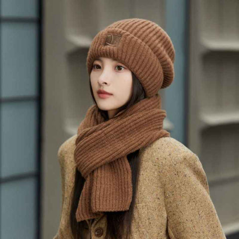 Women's Winter Knit Beanie & Scarf Set, Thick Vertical Stripe Warm Slouchy Hat with Ear Protection and Scarf—Brown In Australia - Darrahopens