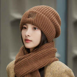Women's Winter Knit Beanie & Scarf Set, Thick Vertical Stripe Warm Slouchy Hat with Ear Protection and Scarf—Brown In Australia - Darrahopens