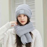 Women's Winter Knit Beanie & Scarf Set, Thick Vertical Stripe Warm Slouchy Hat with Ear Protection and Scarf—Gray