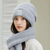 Women's Winter Knit Beanie & Scarf Set, Thick Vertical Stripe Warm Slouchy Hat with Ear Protection and Scarf—Gray