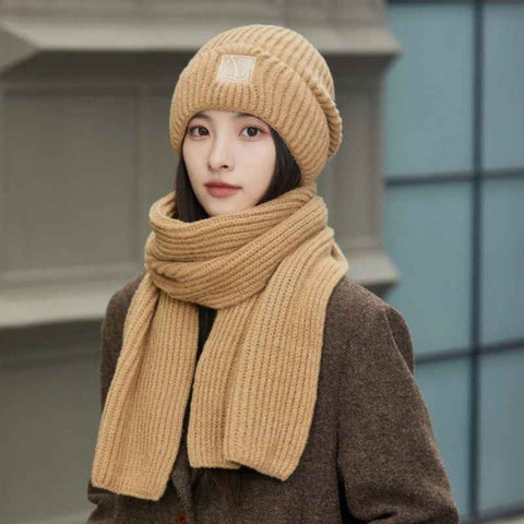 Women's Winter Knit Beanie & Scarf Set, Thick Vertical Stripe Warm Slouchy Hat with Ear Protection and Scarf—Khaki In Australia - Darrahopens