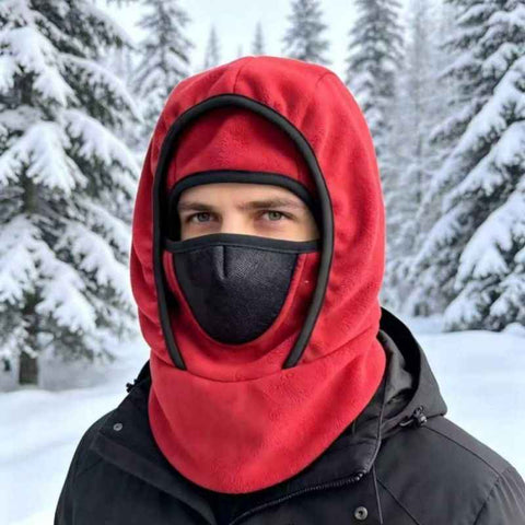 Fleece Integrated Thermal Balaclava, Windproof Face & Neck Cover Hat for Skiing, Cycling, and Outdoor Sports - Red