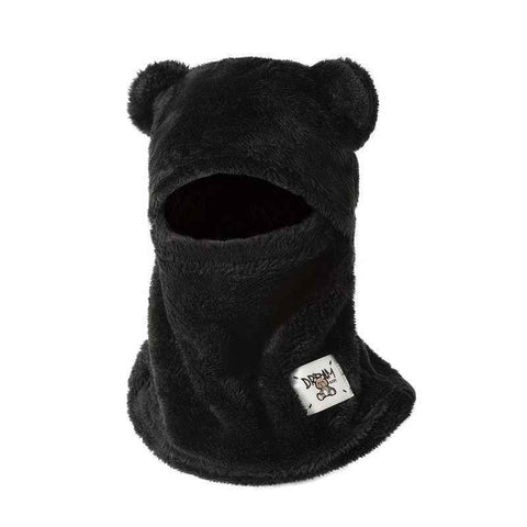 Cute Bear Ear Plush Integrated Balaclava Hat, 4-in-1 Windproof Warm Neck and Face Cover Hat - Black In Australia - Darrahopens