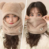 Cute Bear Ear Plush Integrated Balaclava Hat, 4-in-1 Windproof Warm Neck and Face Cover Hat - White In Australia - Darrahopens