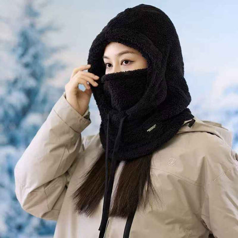 Fleece Drawstring Integrated Balaclava Hat, 3-in-1 Windproof Neck and Face Cover, Warm Cap for Winter Cycling - Black In Australia - Darrahopens