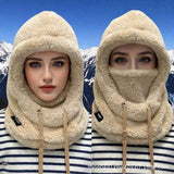 Fleece Drawstring Integrated Balaclava Hat, 3-in-1 Windproof Neck and Face Cover, Warm Cap for Winter Cycling - Black In Australia - Darrahopens