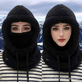 Fleece Drawstring Integrated Balaclava Hat, 3-in-1 Windproof Neck and Face Cover, Warm Cap for Winter Cycling - Black In Australia - Darrahopens