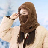 Fleece Drawstring Integrated Balaclava Hat, 3-in-1 Windproof Neck and Face Cover, Warm Cap for Winter Cycling - Brown In Australia - Darrahopens
