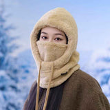 Fleece Drawstring Integrated Balaclava Hat, 3-in-1 Windproof Neck and Face Cover, Warm Cap for Winter Cycling - Khaki In Australia - Darrahopens