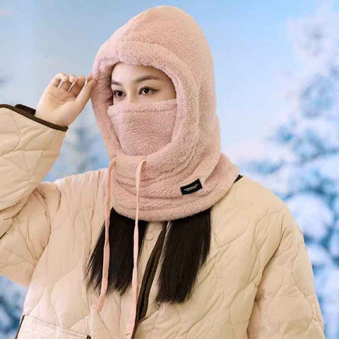 Fleece Drawstring Integrated Balaclava Hat, 3-in-1 Windproof Neck and Face Cover, Warm Cap for Winter Cycling - Pink