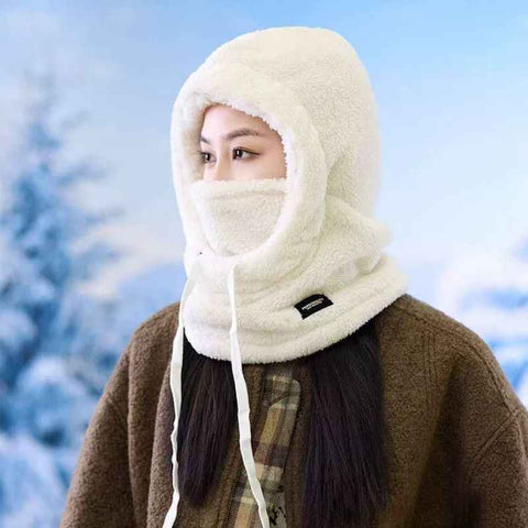Fleece Drawstring Integrated Balaclava Hat, 3-in-1 Windproof Neck and Face Cover, Warm Cap for Winter Cycling—White In Australia - Darrahopens