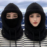 Fleece Drawstring Integrated Balaclava Hat, 3-in-1 Windproof Neck and Face Cover, Warm Cap for Winter Cycling—White
