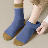 5 Pairs Men Color Block Terry Crew Socks, Thick Warm Minimalist Business Cotton Socks For Autumn Winter