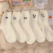 5 Pairs White Cartoon Embroidered Fluffy Crew Socks, Thick Mink Fleece Warm Floor Socks For Women Home Use Autumn Winter In Australia - Darrahopens