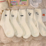 5 Pairs White Cartoon Embroidered Fluffy Crew Socks, Thick Mink Fleece Warm Floor Socks For Women Home Use Autumn Winter