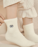 5 Pairs White Cartoon Embroidered Fluffy Crew Socks, Thick Mink Fleece Warm Floor Socks For Women Home Use Autumn Winter