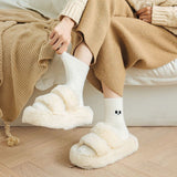 5 Pairs White Cartoon Embroidered Fluffy Crew Socks, Thick Mink Fleece Warm Floor Socks For Women Home Use Autumn Winter