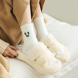 5 Pairs White Cartoon Embroidered Fluffy Crew Socks, Thick Mink Fleece Warm Floor Socks For Women Home Use Autumn Winter