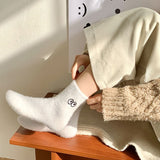 5 Pairs White Cartoon Embroidered Fluffy Crew Socks, Thick Mink Fleece Warm Floor Socks For Women Home Use Autumn Winter