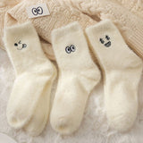 5 Pairs White Cartoon Embroidered Fluffy Crew Socks, Thick Mink Fleece Warm Floor Socks For Women Home Use Autumn Winter