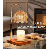 Lotus-Shaped Adjustable, Timed, Dimmable Candle Warmer Lamp, Wood Base Aroma Table Lamp, Candle Not Included—Brown