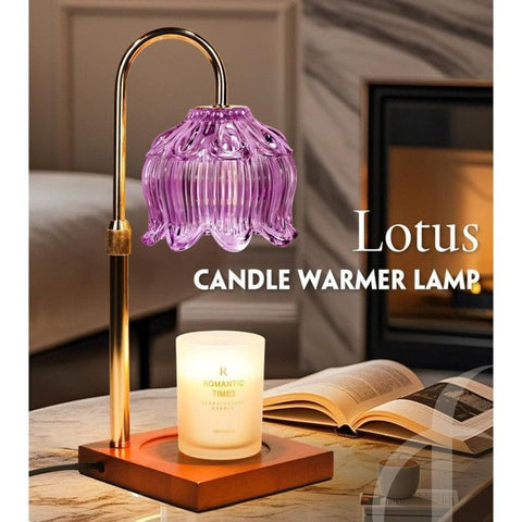 Lotus-Shaped Adjustable Timed Dimmable Candle Warmer Lamp, Wood Base Aroma Table Lamp, Candle Not Included—Purple In Australia - Darrahopens