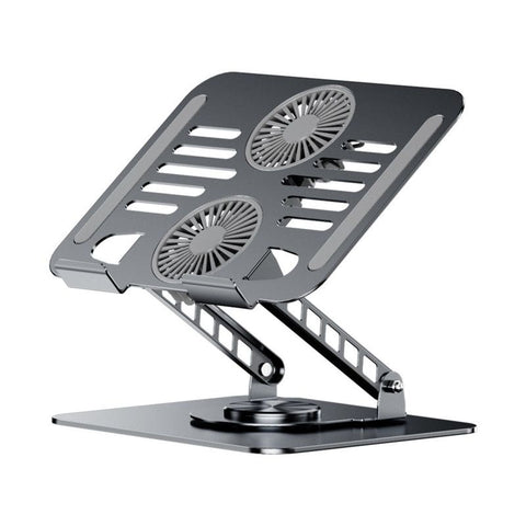 Dual Turbine Fan Cooling Metal Laptop Stand, Thick Dual Arms, Foldable, Height-Adjustable Riser—Gray