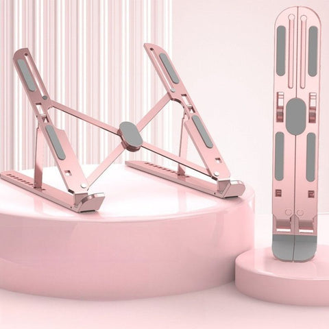 10-Gear Adjustable Aluminum Foldable Laptop Stand, Hollow Cooling Double Triangle Stable Riser—Pink